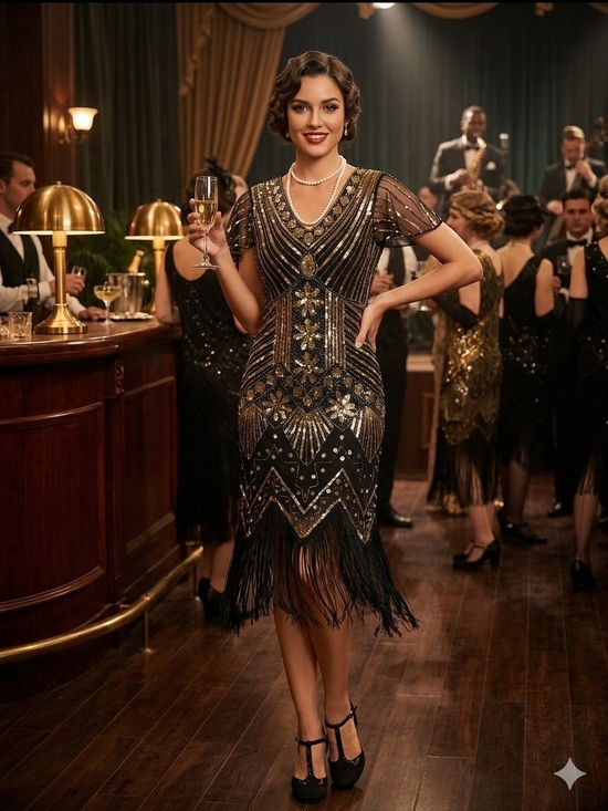 Fundaisy Dresses & Skirts - Embellished Black & Gold Art Deco Fringe Midi Dress